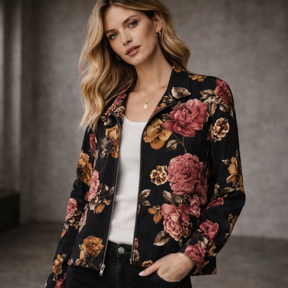 Coldwater Creek Jacket Women's Size Medium‎ Floral Full Zip Black